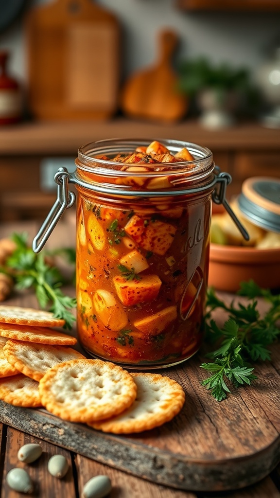 A jar of spicy clam jam with crackers and toast on a rustic wooden table.